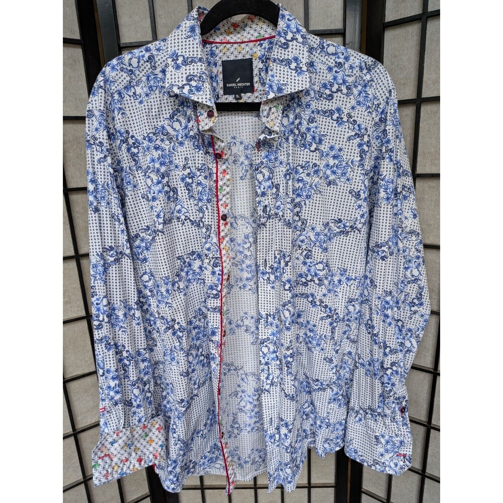 Daniel Hechter Paris Shirt Mens XL Blue Floral Long Sleeve Button Up